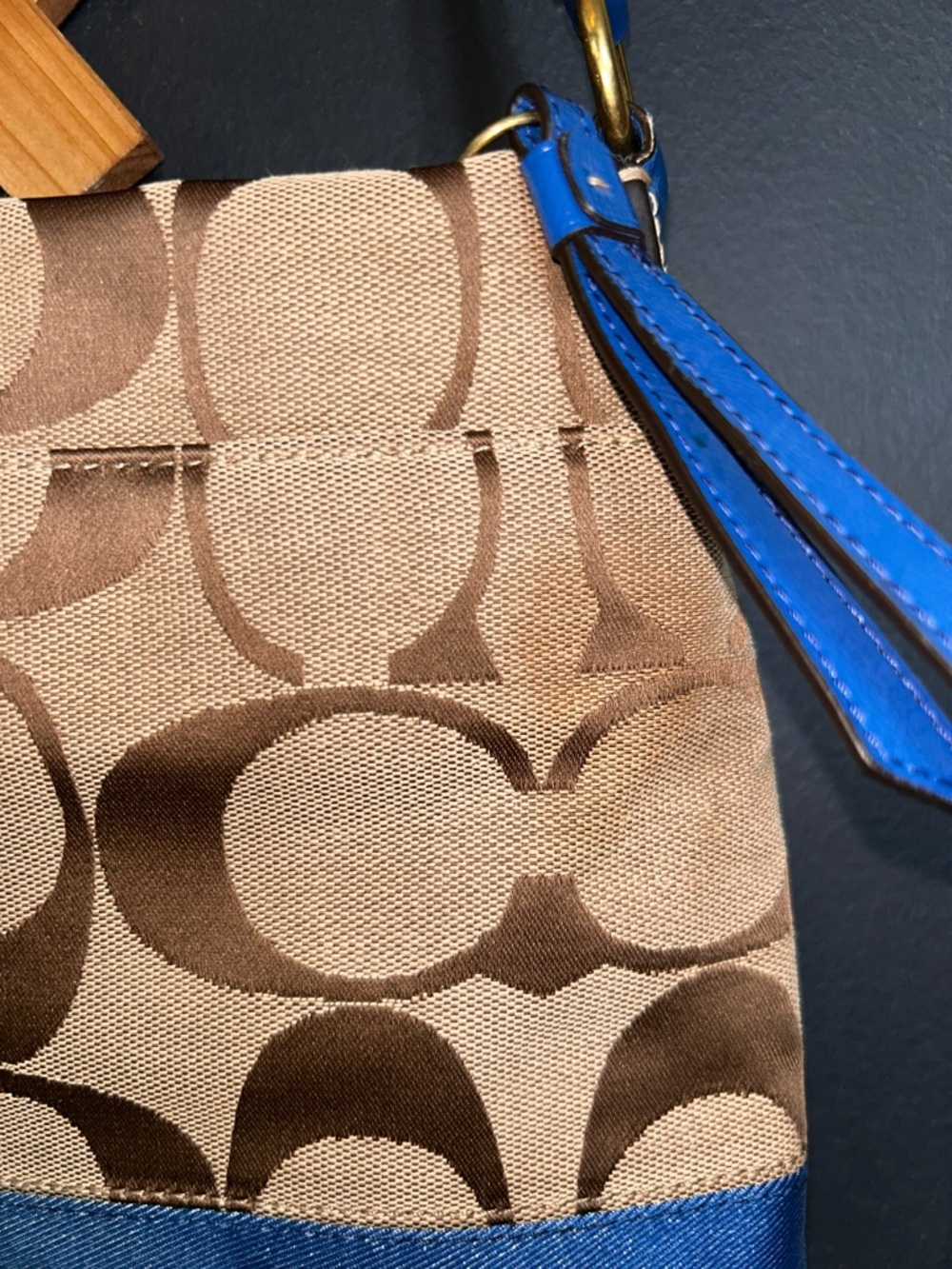 Coach Signature Stripe File Bag- Khaki Cobalt Blue Y2K 2012 - Picture 5 of 14